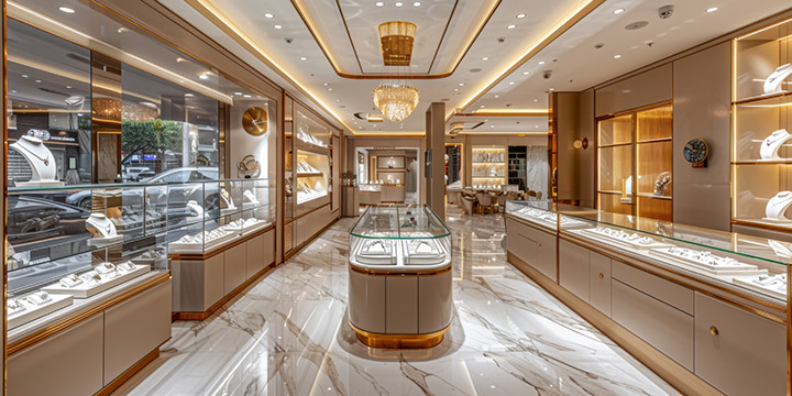 Glass display cases in jewelry store